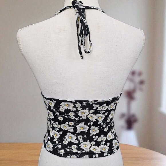 Floral Halter Neck Tank Top – Black & White Print, Tie-Back, Stretch Fit S - Picture 3 of 8